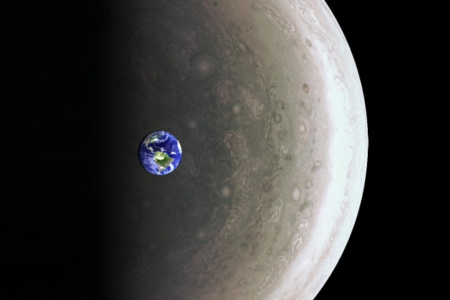 Jupiter is 11.2 times as wide as the Earth | Photos: NASA / JPL / SwRI / MSSS, CC0 (Jupiter), Kevin Gill, CC BY-SA 2.0 (Earth)